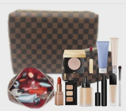 Checkered Makeup Bag;  2Pcs Travel Cosmetic Bags;  Portable Toiletry Organizer for Women;  Lightweight and Waterproof Leather Toiletries Bag for Girl Friend Wife Christmas Gifts;  Brown